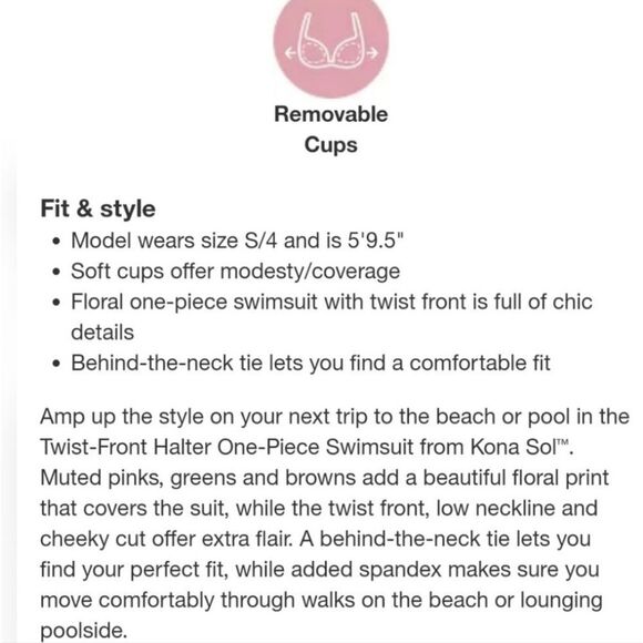 Kona Sol Twist Front Halter One-Piece Swimsuit Floral Print Small Bathing Suit - Picture 10 of 10